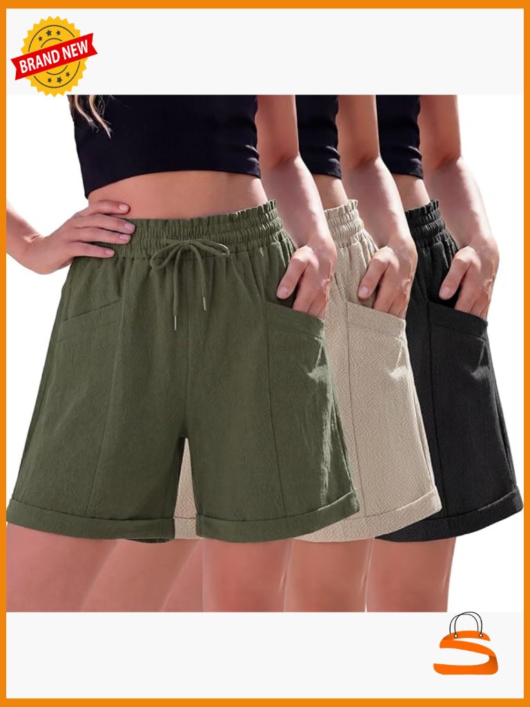3 Pack Womens Linen Look Bermuda Shorts Elastic Waist 6" Pockets